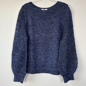 Tommy Bahama women size XL knit sweater navy wool blend shimmer balloon sleeve